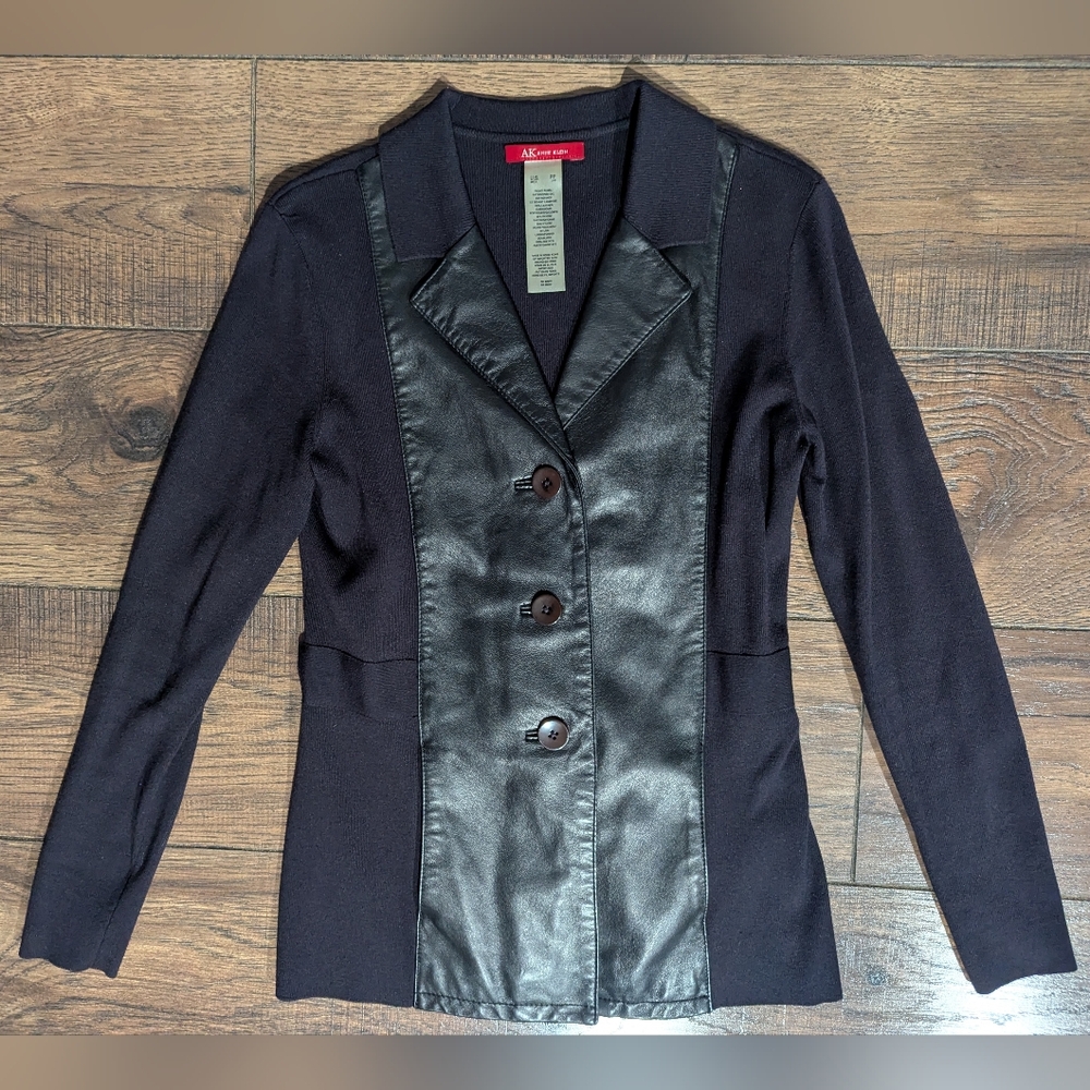 Anne Klein Black On Black Genuine Leather & Knit Sweater Shacket Size Small Cool
